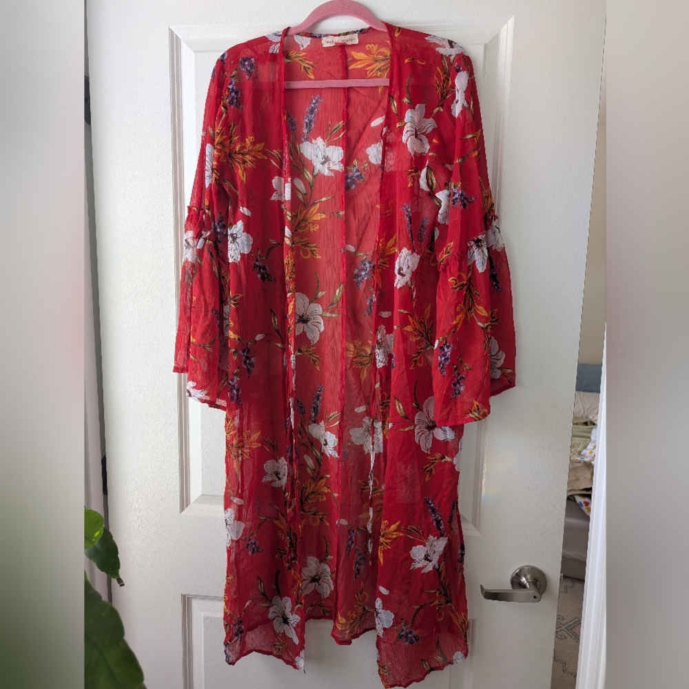Floral Red Sheer Kimono Cover-up